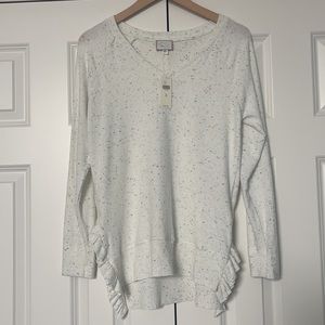 Anthropologie Postmark Blue and White Speckled Vneck Ruffle Hem Sweater